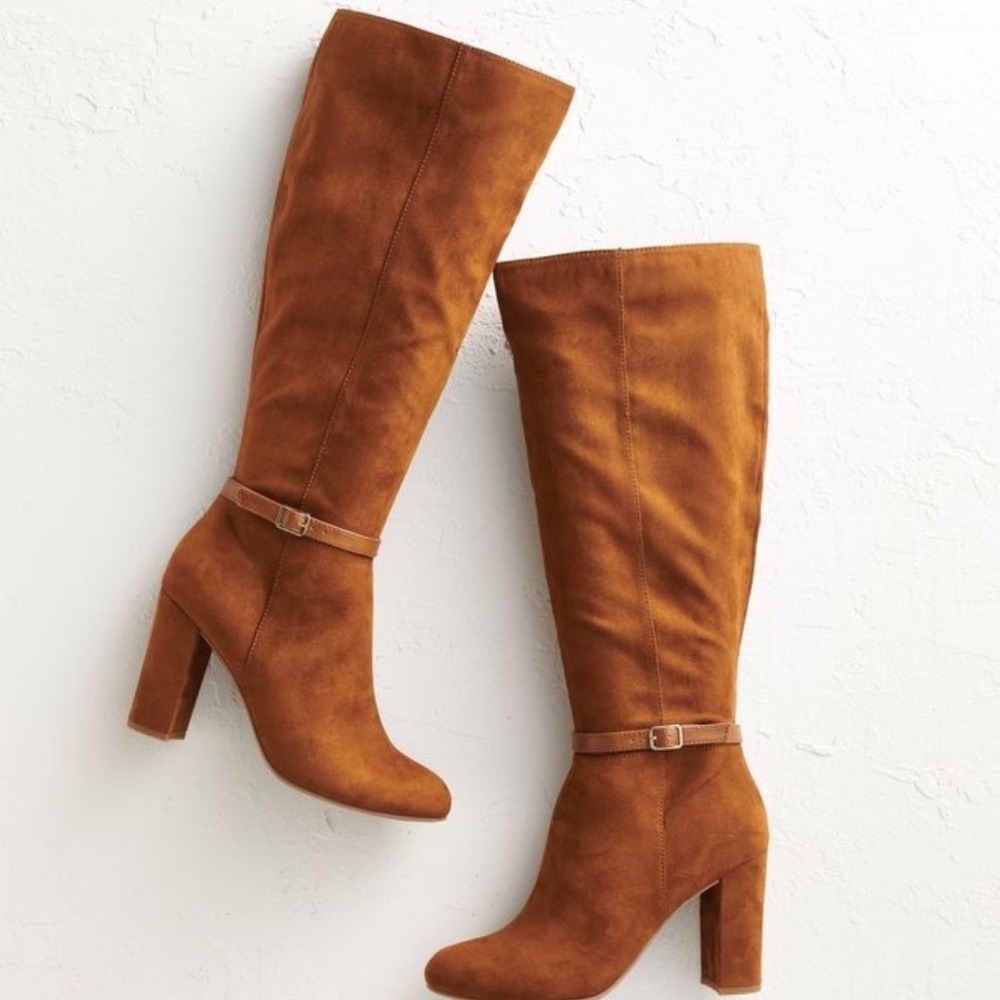 LC Lauren Conrad Brown Faux Suede Knee High Block Heel Side Zipper Closure Boots